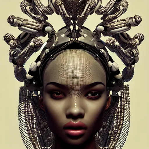 Image similar to portrait of an absurdly beautiful, graceful, sophisticated, fashionable african cyberpunk mechanoid gravure idol, ultrafine hyperdetailed illustration by irakli nadar, matt wisniewski style, marvel comics, intricate linework, porcelain skin, neon jellyfish headdress, ivory carved ruff, unreal engine 5 highly rendered, global illumination, radiant light, detailed and intricate environment