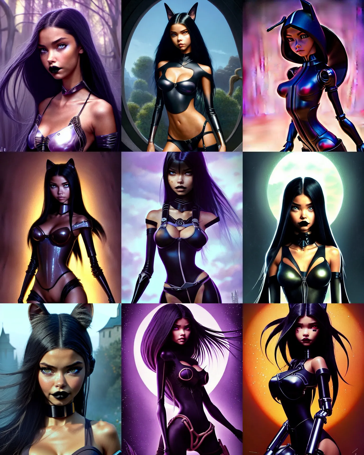 Prompt: weta disney pixar movie still portrait photo of madison beer, adriana lima : : as goth catgirl cyborg by pixar : : by weta, greg rutkowski, wlop, ilya kuvshinov, rossdraws, artgerm, marvel, maxim magazine cover, rave otufit, unreal engine, sweaty, glitter, pearlescent, bright morning, anime, : :