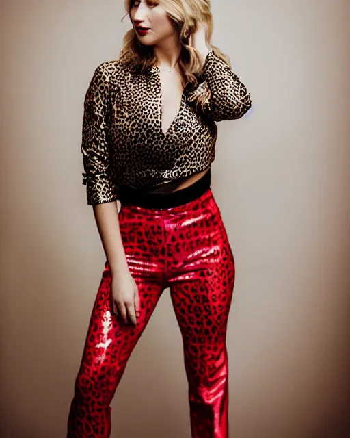 Prompt: A studio photo in the Style of Annie Leibovitz of Jennifer Lawrence wearing Leopard pants with red sequins down sides and red tulle leather blouse , bokeh, 90mm, f/1.4