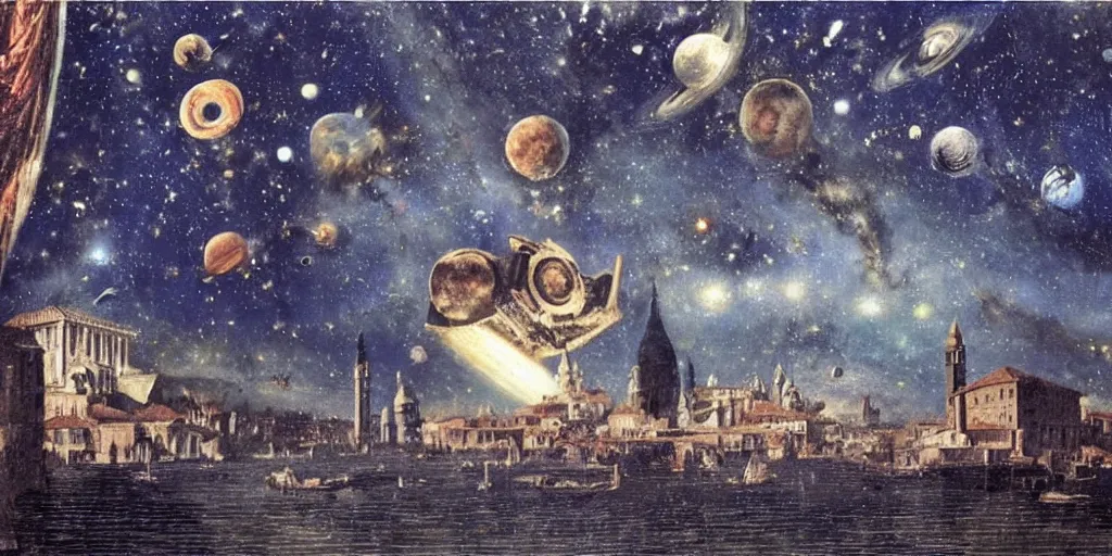 Image similar to scene from cosmologica a scifi movie by luchino visconti with mastroianni leaving the medieval cosmos to enter new universe. venice in the background. blue sky with a lot of stars and planets in the style of ( ( ( renaissance cosmological painting ) ) ). cinematic, technicolor, photorealistic, direct lighting, highly intricate, extremely realistic.