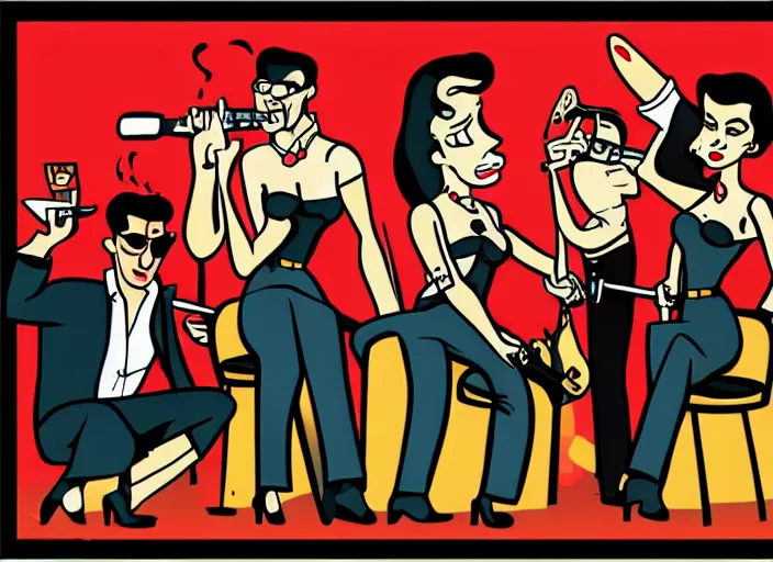 Image similar to rockabilly band in the style of archer cartoon, 1950s