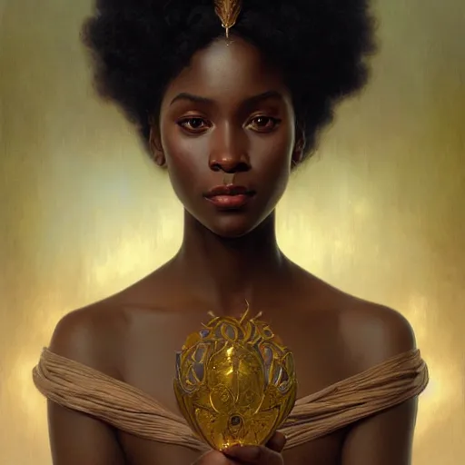 Prompt: portrait of afro goddess, intricate, elegant, highly detailed, digital painting, artstation, concept art, smooth, sharp focus, illustration, art by artgerm and greg rutkowski and alphonse mucha and william - adolphe bouguereau