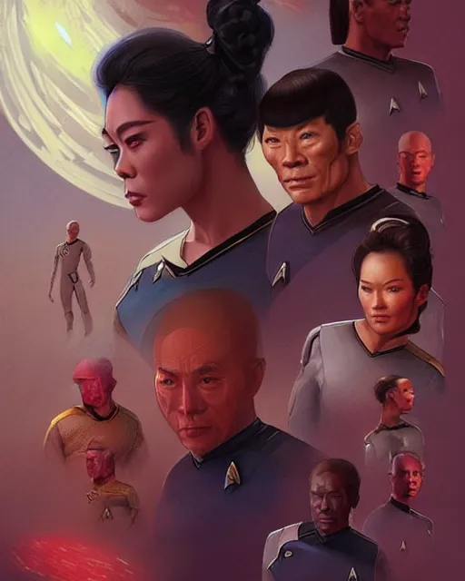 Image similar to star trek but the cast are all chinese, real life skin, intricate, highly detailed, artstation, concept art, smooth, sharp focus, art by artgerm and greg rutkowski