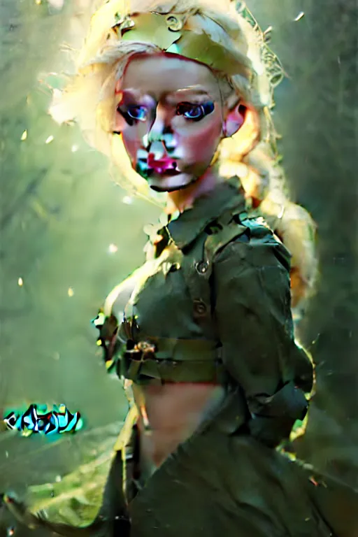 Image similar to cinematic shot of an epic portrait of a cute blonde fairy dressed in military clothes, stylised military clothes, shiny skin, beautiful eyes, beautiful, small details, night setting, realistic poster with volumetric light from craig mallism, artgerm, jeremy lipkin and michael garmash, unreal engine, radiant light, digital art, trends at art station, a masterpiece