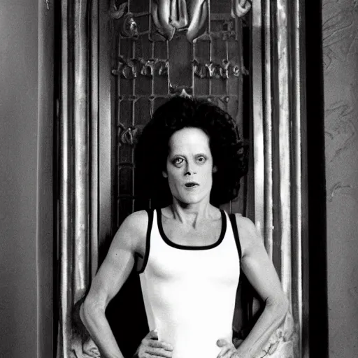 Image similar to detailed still of Sigourney Weaver wearing a white singlet and her cat moving apartment New York City 1983, gothic building entrance way Art Deco, cinematic feel, high octane