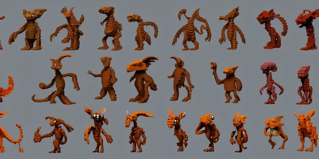 Image similar to creatures called critters, made out of few bricks. cute looking, sharp focus, moebius, character sheet, game concept art, brush work