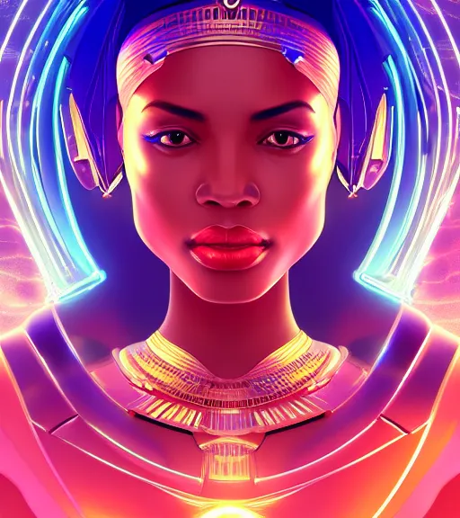 Image similar to symmetry!! egyptian queen of technology, solid cube of light, hard edges, product render retro - futuristic poster scifi, lasers and neon circuits, beautiful brown skin woman egyptian queen, intricate, elegant, highly detailed, digital painting, artstation, concept art, smooth, sharp focus, illustration, dreamlike, art by artgerm