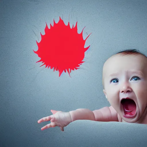 Image similar to a baby being ripped apart limb by limb, screaming in pain, red mist, hyper graphic