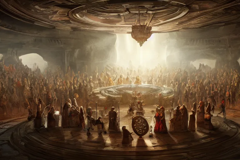 Prompt: meeting of the gods in a giant round table, digital painting, mixed media, trending on artstation and deviantart, epic composition, highly detailed, 8 k