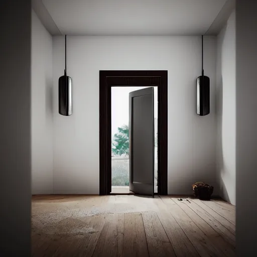 Prompt: the grinning face of an ugly giant looking inside someones house through the door hyper realistic