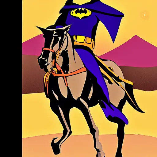 Image similar to gunslinger on a horse overlooking the desert, in the style of Batman the animated series by Bruce Trimm