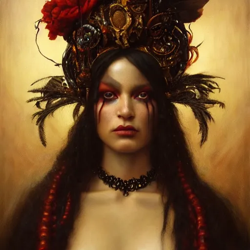 Image similar to highly detailed oil painting | very intricate | cinematic lighting | the voodoo priestess dressed very elaborate | by roberto ferri, by tom bagshaw, by j. c. leyendecker and klimt, beautiful cinematic light, american romanticism, by austin osman spare, artstation, cgsociety, official art, octane