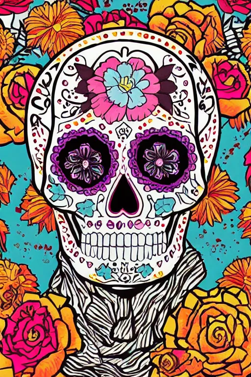 Image similar to Illustration of a sugar skull day of the dead girl, art by wes anderson