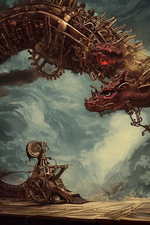 Prompt: illustration, live dragon, old sick gold and crimsoned scaled asian style dragon on a victorian plank of machinery with wires and gears and steam punk apparatus, matte painting, style of studio ghibli, concept art, featured in artstation and artgerm and pixiv, award winning, cinematic, 8 k