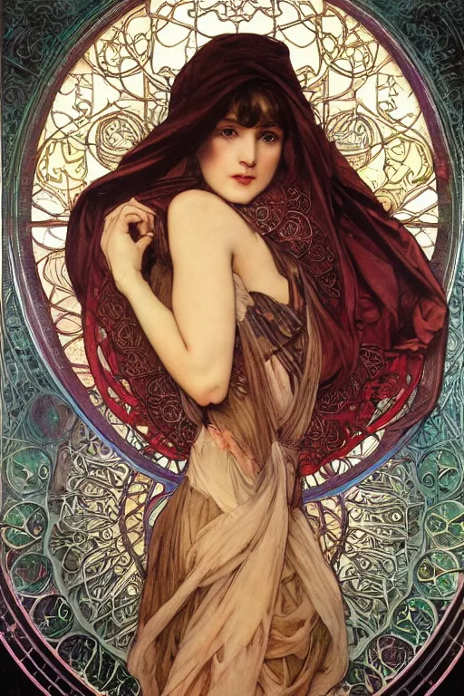Prompt: hyper - realistic detailed full body portrait of woman with hijab by alphonse mucha, ayami kojima, amano, charlie bowater, karol bak, greg hildebrandt, jean delville, pablo picasso and mark brooks, art nouveau, neo - gothic, gothic, iridescent deep colors