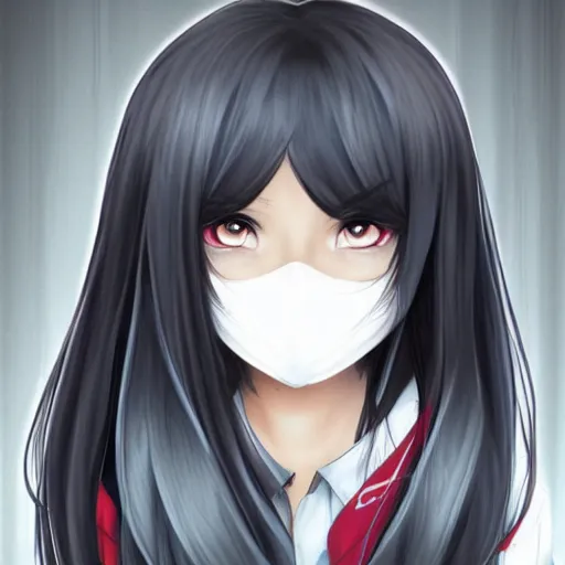 Image similar to full headshot portrait of a girl with long black hair, wearing a surgical mask, drawn by ATDAN, by Avetetsuya Studios, attractive character, colored sketch anime manga panel, trending on Pixiv