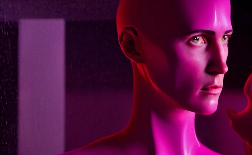 Image similar to cinestill of a giant hand made of purple wax float through the living room film still from the movie directed by denis villeneuve with art direction, pouring rain menacing lights shadows, 8 k, hd, high resolution, 3 5 mm, f / 3 2, ultra realistic faces, ex machina