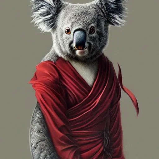 Image similar to an elegant koala dressed in a crimson - black shinobi outfit, digital art by łukasz piskorz and patrick mcenvoy and michael komarck, intricate, highly detailed, artstation, concept art, smooth, sharp focus vector