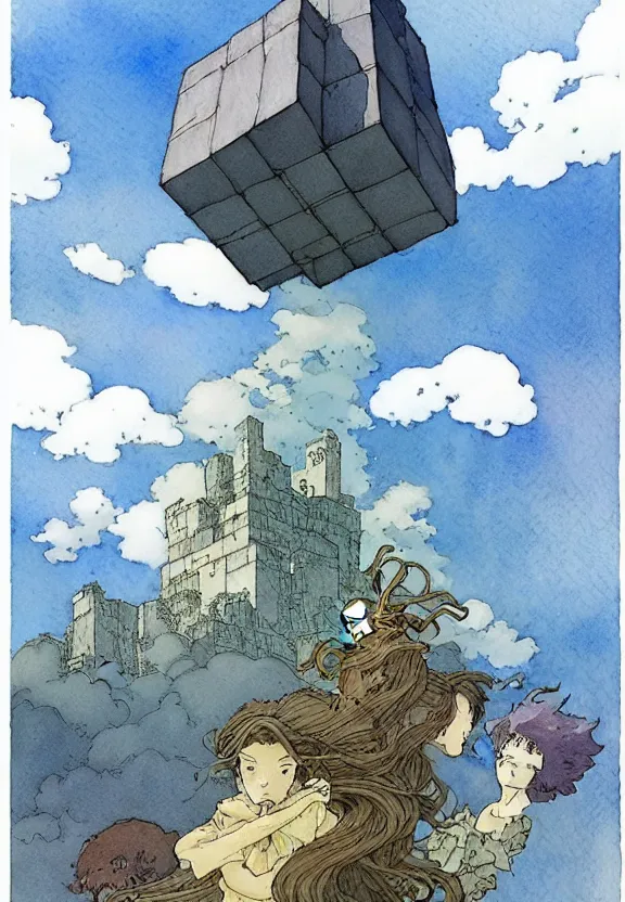 Prompt: a simple watercolor fantasy concept art of a giant grey cube floating in the air. by studio ghibli, rebecca guay, michael kaluta, charles vess