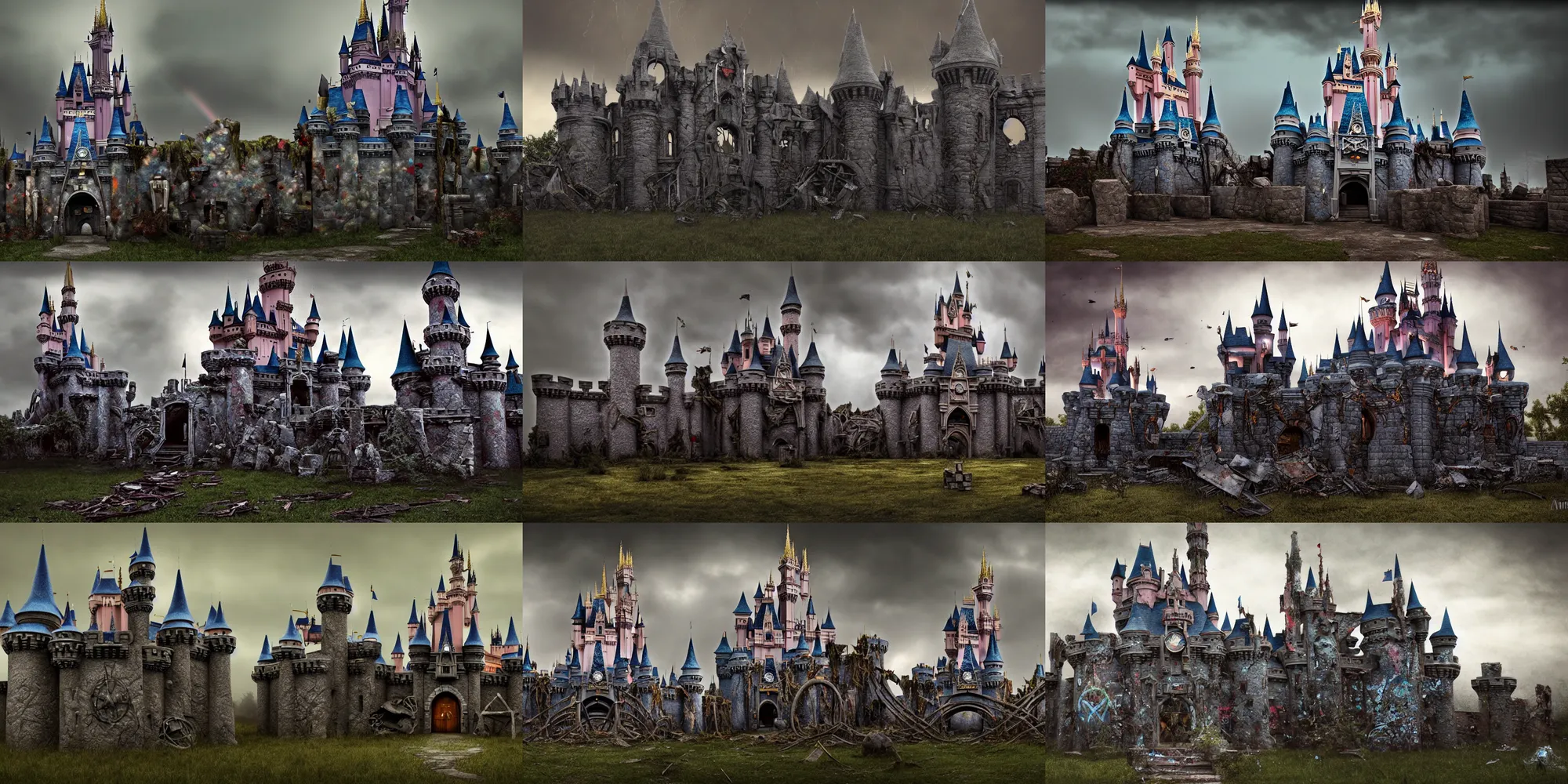 Prompt: front view destroyed and vandalized disney castle logo, decay, ruins, creepy logo disney castle, vandalism, abandoned structures, photography, desaturated and muted colors, debris chips ruins, urban exploration, stormy background, by annie leibovitz, cg society, octane render, 8 k, at dusk, evening, no rainbow