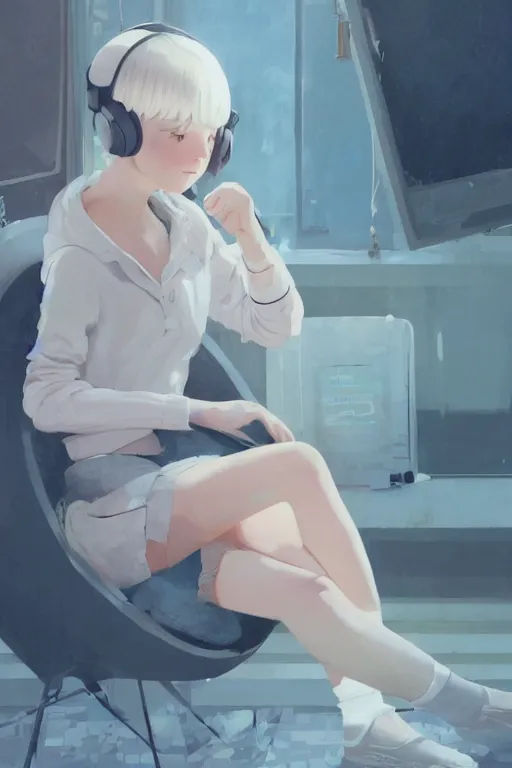 Image similar to a cute young woman listening to music in a white bubble chair with her eyes closed and wearing headphones, white bob cut hair, freckles, cozy setting, blue and white, warm lighting, cinematic, moody, nier automata, poster, oil on canvas, in the style of Ilya Kuvshinov, Krenz Cushart, Range Murata, Eero Aarnio, 8k