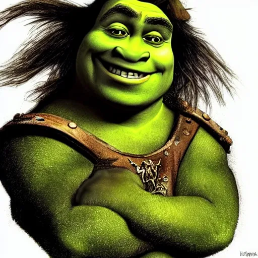 Image similar to shrek from shrek as a glorious devout shining powerful epic amazing awesome very handsome attractive muscular stylish knight in shining golden armor with long lush golden hair a strong jaw and attractive green eyes, fantasy art, hyper detailed, extremely complex, hyper realistic, similar to the mona lisa, art by leonardo devinci