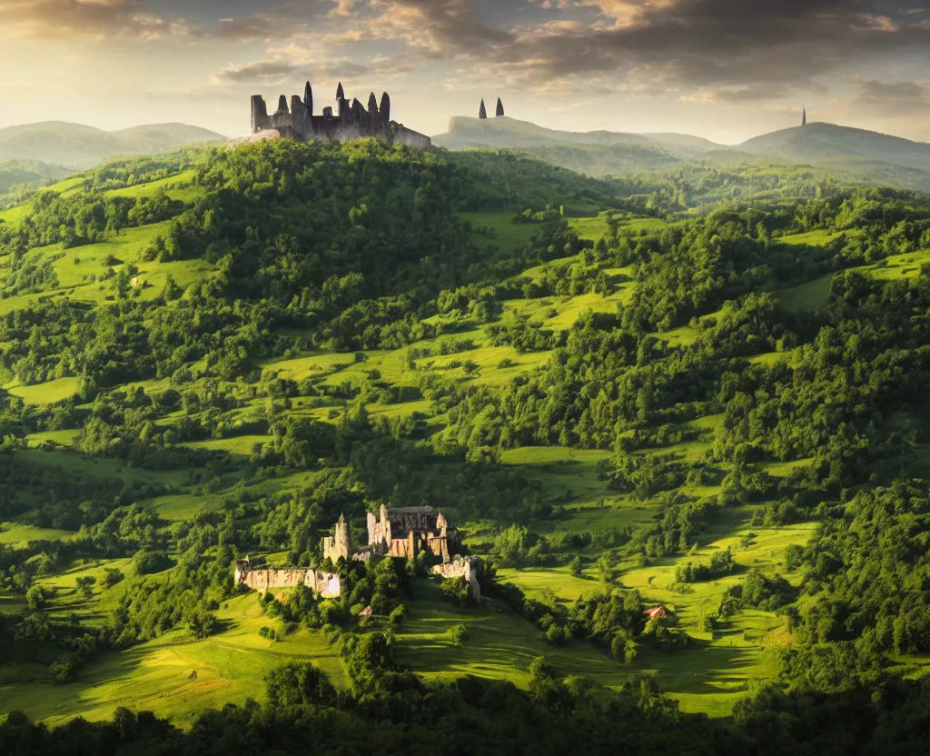 Prompt: Vast verdant valley surrounded by Transylvanian mountains, with a large zeppelin hovering in the foreground, and a ruined medieval castle on the hillside in the background. Late evening light in the summer, gloomy weather. Hyperrealistic, high quality, sharp, detailed, National Geographic, award-winning photography.