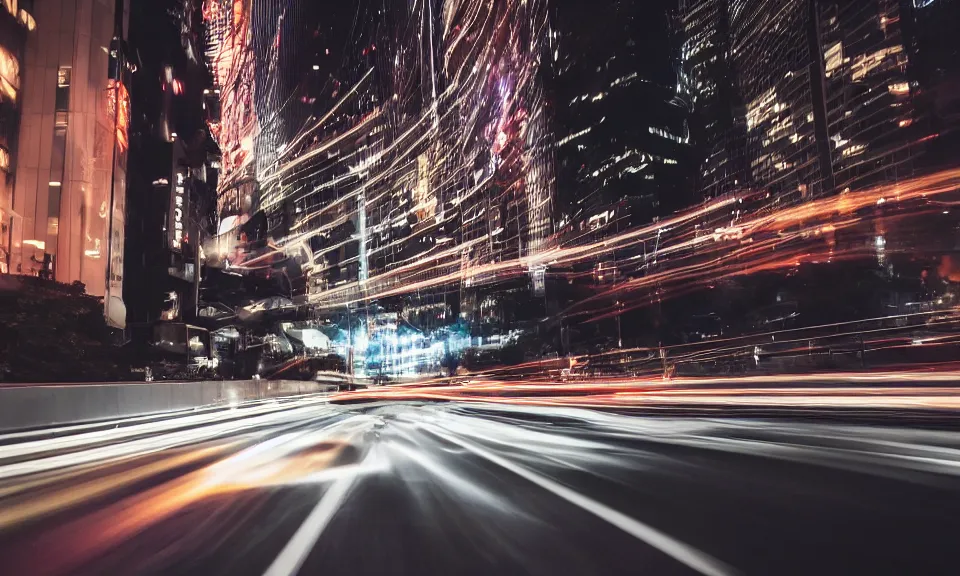 Image similar to photo of a porsche 911 at night drifting through a city, cinematic, 4k, long exposure photography, tokyo drift, fast and furious, film still, night photography, motion blur, lens flare, movie shot, light trail, distortion, wide angle, reflections