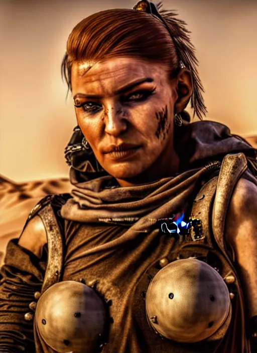 Prompt: mad max style warrior woman in desert _ unreal _ 5 _ daz. _ rpg _ portrait _ extremely _ detailed _ hyper real photo, shot with canon eos r 6