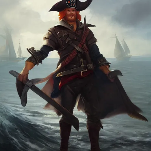 Image similar to heroic handsome charming ginger rogue with long slender pointed ears, wearing a tricorne pirate captain hat, naval background, detailed full-body portrait, stunning award-winning art by Greg Rutkowski