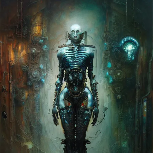 Prompt: biomechanical cyborg, cyberpunk noir by gustave dore and gustave moreau and beksinski and giger and craig mullins and jeremy mann