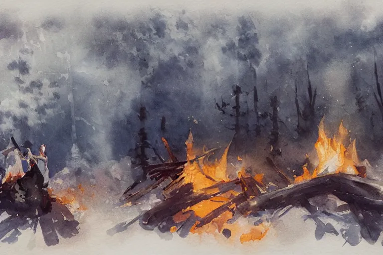 Prompt: small centered on white watercolor paper, paint brush strokes, abstract watercolor painting of scandinavian smoking bonfire, smoke, tree forest, nightfall sharp light, cinematic light, american romanticism by hans dahl, by jesper ejsing, by anders zorn, by greg rutkowski, by greg manchess, by tyler edlin