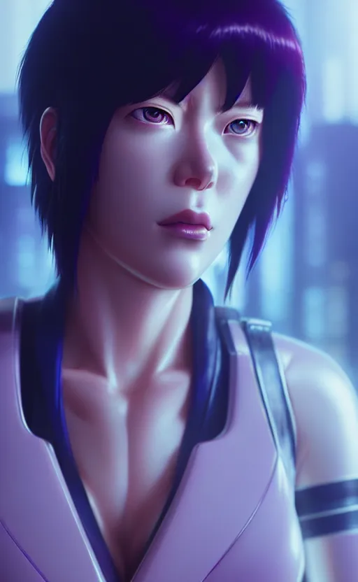 Image similar to a film still portrait of a motoko kusanagi ghost in the shell, finely detailed features : : gits sac twenty forty five netflix : : by ilya kuvshinov, rossdraws, artgerm, sola digital arts, octane render, production ig, volumetric lighting, anti aliasing, raytracing : :