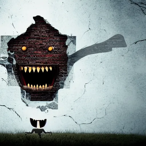 Prompt: Angry monster in the form of an old brick house walking menacingly, people are running away in panic screaming