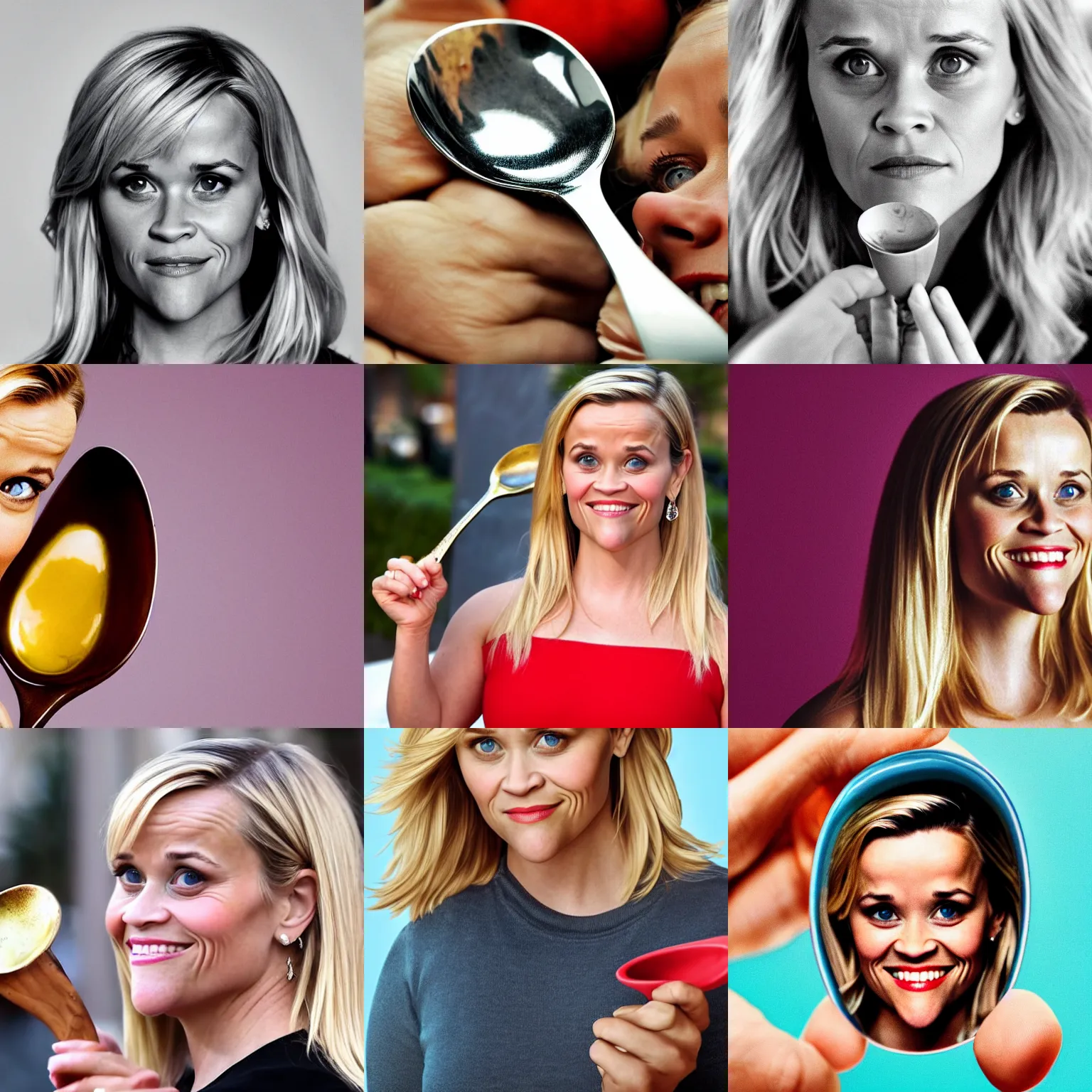 Prompt: reese witherspoon holding a spoon, reese witherspoon face, macro shot, hyper realistic, medium shot