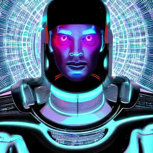 Prompt: a cyborg in Star Trek, the cyborg has psychedelic lights, futuristic, 8k, highly detailed, photorealistic