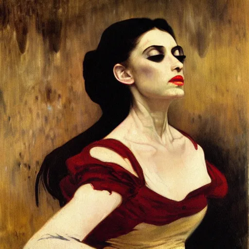 Prompt: A beautiful painting of a lady vampire, victorian, dracula, ominous, oil on canvas, photorealism, edvard munch, alphonse mucha, Johann Heinrich Füssli, irwin penn, high definition, soft light