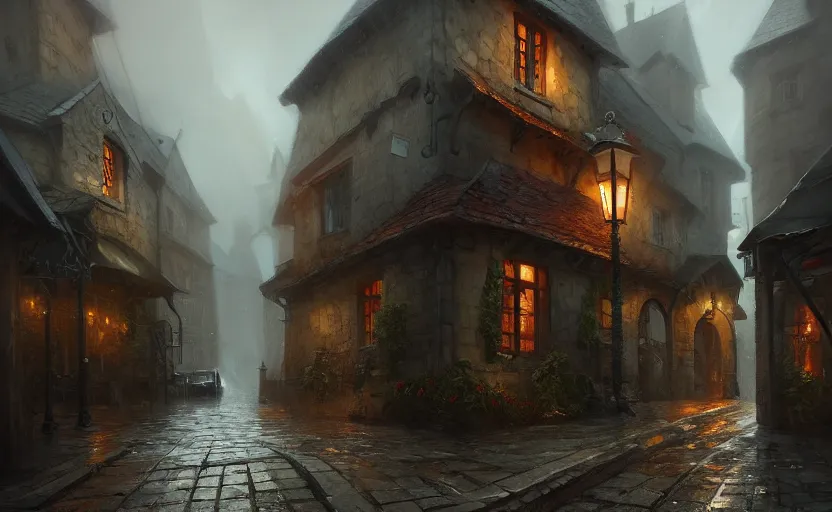 Image similar to extreme long shot concept art depicted rainy old french village, high details, dramatic mood, deep environment, art by legends of runeterra and tomasz jedruszek and gabor szikszai, trending on artstation, unreal engine, 8 k, 4 k