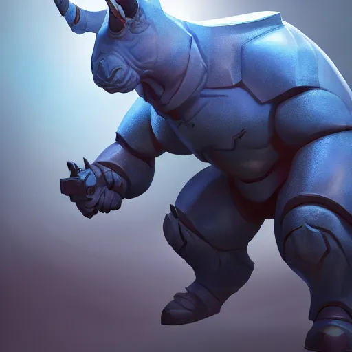 Prompt: An anthropomorphic blue rhino wearing galactic battle armor, action pose, highly detailed, digital painting, artstation, concept art, smooth, sharp focus, studio light, by Justin Gerard and Jason Chan and riot studios,