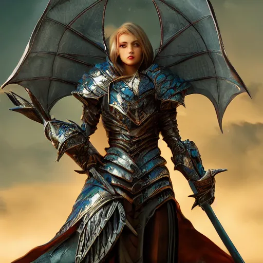 Prompt: highly detailed realistic stunning shot of a beautiful female dragon knight, resting her sword over her armored shoulder, cloak flittering in the wind, high quality, HD octane render, epic cinematography, Artstation, Deviantart, Furaffinity