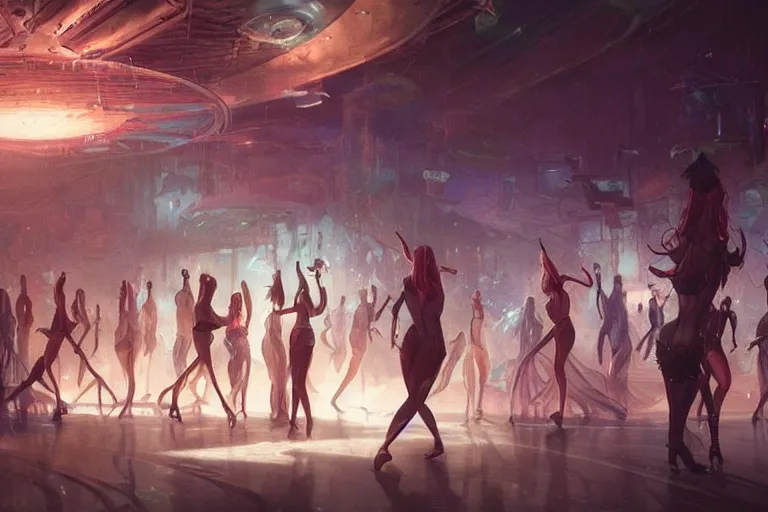 Image similar to night club, girls dance, cinematic lighting, exaggerated detailed, unreal engine, art by greg rutkowski & peter mohrbacher