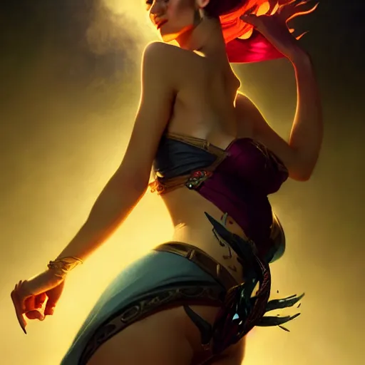 Prompt: Jinx of League of Legends, dark fantasy, medium shot, intricate, elegant, highly detailed, digital painting, volumetric light, artstation, concept art, smooth, sharp focus, illustration, art by Gil Elvgren and Greg Rutkowski and Alphonse Mucha