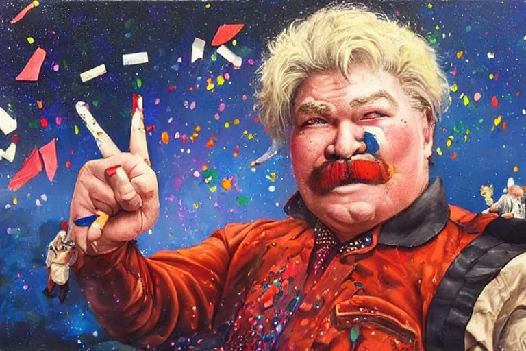 Image similar to portrait of rip taylor throwing confetti at a crime scene chalk outline, an oil painting by ross tran and thomas kincade