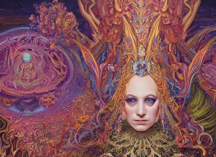 Image similar to beautiful oil painting, full length portrait of dauphinois in baroque coronation robes 1701, Dan Mumford, Dan Mumford, Alex grey, highly detailed , lsd visuals, dmt fractal patterns, hallucinogen, visionary art, psychedelic art, ornate, vaporwave, baroque, Greg rutkowski