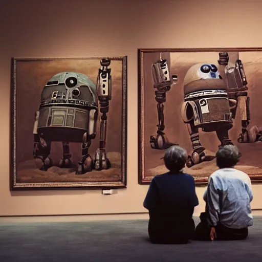 Image similar to wide - shot photo of museum visitors looking at paintings of droids by shaun tan, at the sitting couch, codachrome, 8 k, hd, highly detailed,