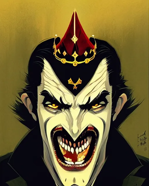 Image similar to handsome vampire king with crown and fangs, symmetrical face, evil, cinematic, dramatic, powerful, super detailed and intricate, by koson ohara, by darwyn cooke, by greg rutkowski, by satoshi kon