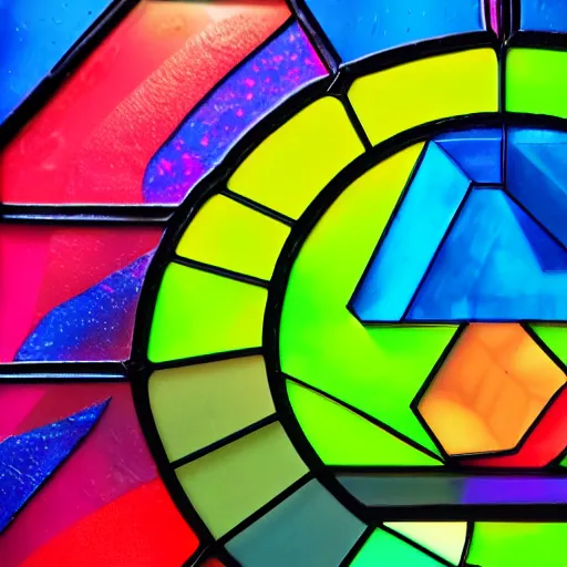 Prompt: full shot of a futuristic minimalist matt textured device using magic and reality on a podest in a museum, realistic details, scientific physical creation, movie poster, ultra high resolution, wallpaper. some of the plates of the device are made of colorful pastel stained glass. there is light shining through the parts of pastel stained glass