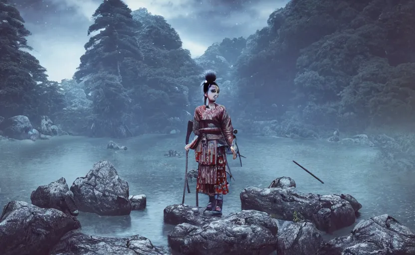 Image similar to highly detailed 3 d render of native japanese woman shinobi warrior standing in wet japanese village from sengoku period, surrounded by dense rock formations, high in mountains, blue night, cinematic lighting, photobash, raytracing, high contrast