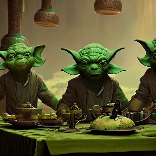 Image similar to green elephants with yoda ears at a tea party, greg rutkowski and jason chan highly detailed cinematic lighting octane render unreal engine