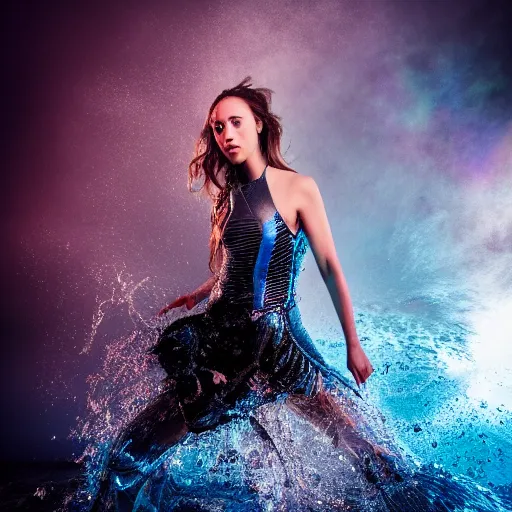 Image similar to alycia debnam as a hydromancer , award winning photography, HDR, studio lighting, dynamic pose, medium close shot, shot on Canon EOS R5, f/2.5,